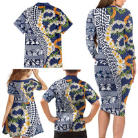 Hawaiian Plumeria Lei Family Matching Long Sleeve Bodycon Dress and Hawaiian Shirt Kakau Motifs and Palaka Half Style Blue Color LT03 - Polynesian Pride