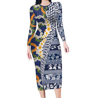 Hawaiian Plumeria Lei Family Matching Long Sleeve Bodycon Dress and Hawaiian Shirt Kakau Motifs and Palaka Half Style Blue Color LT03 Mom's Dress Blue - Polynesian Pride