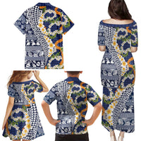 Hawaiian Plumeria Lei Family Matching Puletasi and Hawaiian Shirt Kakau Motifs and Palaka Half Style Blue Color LT03 - Polynesian Pride