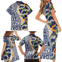 Hawaiian Plumeria Lei Family Matching Short Sleeve Bodycon Dress and Hawaiian Shirt Kakau Motifs and Palaka Half Style Blue Color LT03 - Polynesian Pride