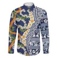Hawaiian Plumeria Lei Family Matching Tank Maxi Dress and Hawaiian Shirt Kakau Motifs and Palaka Half Style Blue Color LT03 Dad's Shirt - Long Sleeve Blue - Polynesian Pride