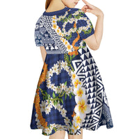 Hawaiian Plumeria Lei Kid Short Sleeve Dress Kakau Motifs and Palaka Half Style Blue Color LT03 - Polynesian Pride