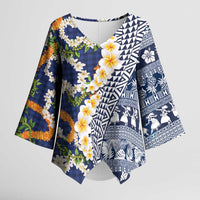 Hawaiian Plumeria Lei Kimono Sleeve Blouse Kakau Motifs and Palaka Half Style Blue Color - Polynesian Pride