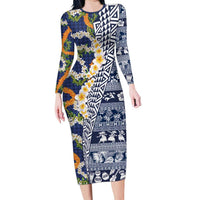 Hawaiian Plumeria Lei Long Sleeve Bodycon Dress Kakau Motifs and Palaka Half Style Blue Color LT03 Long Dress Blue - Polynesian Pride
