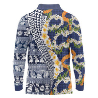Hawaiian Plumeria Lei Long Sleeve Polo Shirt Kakau Motifs and Palaka Half Style Blue Color LT03 - Polynesian Pride