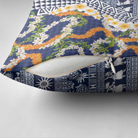 Hawaiian Plumeria Lei Pillow Cover Kakau Motifs and Palaka Half Style Blue Color - Polynesian Pride
