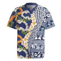 Hawaiian Plumeria Lei Rugby Jersey Kakau Motifs and Palaka Half Style Blue Color - Polynesian Pride