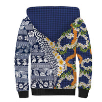 Hawaiian Plumeria Lei Sherpa Hoodie Kakau Motifs and Palaka Half Style Blue Color LT03 - Polynesian Pride