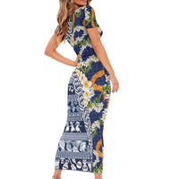 Hawaiian Plumeria Lei Short Sleeve Bodycon Dress Kakau Motifs and Palaka Half Style Blue Color LT03 - Polynesian Pride