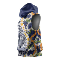 Hawaiian Plumeria Lei Sleeveless Hoodie Kakau Motifs and Palaka Half Style Blue Color LT03 - Polynesian Pride