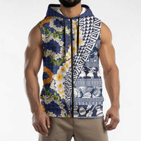 Hawaiian Plumeria Lei Sleeveless Zip Hoodie Kakau Motifs and Palaka Half Style Blue Color LT03 - Polynesian Pride