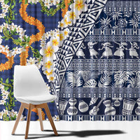 Hawaiian Plumeria Lei Window Curtain Kakau Motifs and Palaka Half Style Blue Color - Polynesian Pride