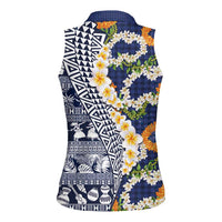 Hawaiian Plumeria Lei Women Sleeveless Polo Shirt Kakau Motifs and Palaka Half Style Blue Color LT03 - Polynesian Pride