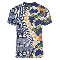 Hawaiian Plumeria Lei Women V-Neck T-Shirt Kakau Motifs and Palaka Half Style Blue Color LT03 - Polynesian Pride