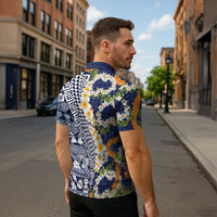 Hawaiian Plumeria Lei Zipper Polo Shirt Kakau Motifs and Palaka Half Style Blue Color LT03 - Polynesian Pride