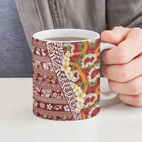 Hawaiian Plumeria Lei Ceramic Mug Kakau Motifs and Palaka Half Style Red Color - Polynesian Pride