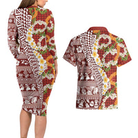 Hawaiian Plumeria Lei Couples Matching Long Sleeve Bodycon Dress and Hawaiian Shirt Kakau Motifs and Palaka Half Style Red Color LT03 - Polynesian Pride