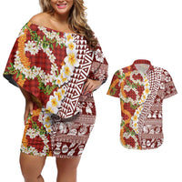 Hawaiian Plumeria Lei Couples Matching Off Shoulder Short Dress and Hawaiian Shirt Kakau Motifs and Palaka Half Style Red Color LT03 Red - Polynesian Pride