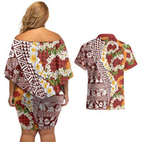 Hawaiian Plumeria Lei Couples Matching Off Shoulder Short Dress and Hawaiian Shirt Kakau Motifs and Palaka Half Style Red Color LT03 - Polynesian Pride