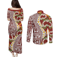 Hawaiian Plumeria Lei Couples Matching Puletasi and Long Sleeve Button Shirt Kakau Motifs and Palaka Half Style Red Color LT03 - Polynesian Pride