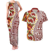 Hawaiian Plumeria Lei Couples Matching Tank Maxi Dress and Hawaiian Shirt Kakau Motifs and Palaka Half Style Red Color LT03 Red - Polynesian Pride