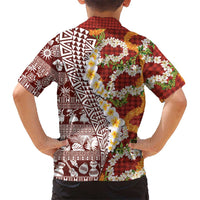 Hawaiian Plumeria Lei Family Matching Long Sleeve Bodycon Dress and Hawaiian Shirt Kakau Motifs and Palaka Half Style Red Color LT03 - Polynesian Pride