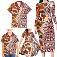 Hawaiian Plumeria Lei Family Matching Long Sleeve Bodycon Dress and Hawaiian Shirt Kakau Motifs and Palaka Half Style Red Color LT03 - Polynesian Pride