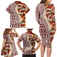 Hawaiian Plumeria Lei Family Matching Long Sleeve Bodycon Dress and Hawaiian Shirt Kakau Motifs and Palaka Half Style Red Color LT03 - Polynesian Pride