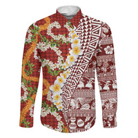 Hawaiian Plumeria Lei Family Matching Long Sleeve Bodycon Dress and Hawaiian Shirt Kakau Motifs and Palaka Half Style Red Color LT03 Dad's Shirt - Long Sleeve Red - Polynesian Pride