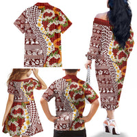 Hawaiian Plumeria Lei Family Matching Off The Shoulder Long Sleeve Dress and Hawaiian Shirt Kakau Motifs and Palaka Half Style Red Color LT03 - Polynesian Pride