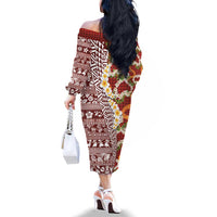 Hawaiian Plumeria Lei Family Matching Off The Shoulder Long Sleeve Dress and Hawaiian Shirt Kakau Motifs and Palaka Half Style Red Color LT03 - Polynesian Pride