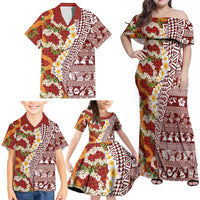 Hawaiian Plumeria Lei Family Matching Off Shoulder Maxi Dress and Hawaiian Shirt Kakau Motifs and Palaka Half Style Red Color LT03 - Polynesian Pride