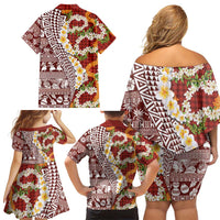 Hawaiian Plumeria Lei Family Matching Off Shoulder Short Dress and Hawaiian Shirt Kakau Motifs and Palaka Half Style Red Color LT03 - Polynesian Pride