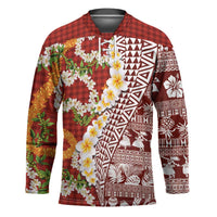 Hawaiian Plumeria Lei Hockey Jersey Kakau Motifs and Palaka Half Style Red Color - Polynesian Pride
