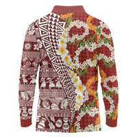 Hawaiian Plumeria Lei Long Sleeve Polo Shirt Kakau Motifs and Palaka Half Style Red Color LT03 - Polynesian Pride