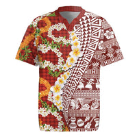Hawaiian Plumeria Lei Rugby Jersey Kakau Motifs and Palaka Half Style Red Color - Polynesian Pride