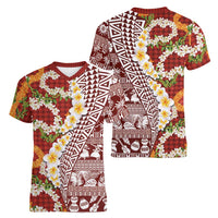 Hawaiian Plumeria Lei Women V-Neck T-Shirt Kakau Motifs and Palaka Half Style Red Color LT03 - Polynesian Pride