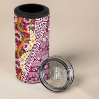 Hawaiian Plumeria Lei 4 in 1 Can Cooler Tumbler Kakau Motifs and Palaka Half Style Pink Color LT03 - Polynesian Pride