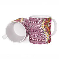 Hawaiian Plumeria Lei Ceramic Mug Kakau Motifs and Palaka Half Style Pink Color - Polynesian Pride