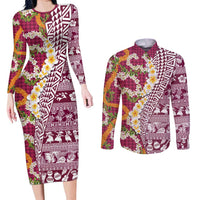 Hawaiian Plumeria Lei Couples Matching Long Sleeve Bodycon Dress and Long Sleeve Button Shirt Kakau Motifs and Palaka Half Style Pink Color LT03 Pink - Polynesian Pride
