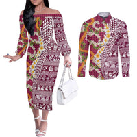 Hawaiian Plumeria Lei Couples Matching Off The Shoulder Long Sleeve Dress and Long Sleeve Button Shirt Kakau Motifs and Palaka Half Style Pink Color LT03 Pink - Polynesian Pride