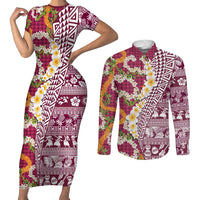 Hawaiian Plumeria Lei Couples Matching Short Sleeve Bodycon Dress and Long Sleeve Button Shirt Kakau Motifs and Palaka Half Style Pink Color LT03 Pink - Polynesian Pride