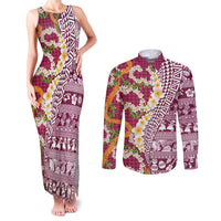 Hawaiian Plumeria Lei Couples Matching Tank Maxi Dress and Long Sleeve Button Shirt Kakau Motifs and Palaka Half Style Pink Color LT03 Pink - Polynesian Pride