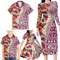 Hawaiian Plumeria Lei Family Matching Long Sleeve Bodycon Dress and Hawaiian Shirt Kakau Motifs and Palaka Half Style Pink Color LT03 - Polynesian Pride