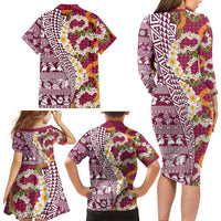 Hawaiian Plumeria Lei Family Matching Long Sleeve Bodycon Dress and Hawaiian Shirt Kakau Motifs and Palaka Half Style Pink Color LT03 - Polynesian Pride