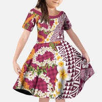 Hawaiian Plumeria Lei Family Matching Off The Shoulder Long Sleeve Dress and Hawaiian Shirt Kakau Motifs and Palaka Half Style Pink Color LT03 Daughter's Dress Pink - Polynesian Pride