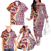 Hawaiian Plumeria Lei Family Matching Off The Shoulder Long Sleeve Dress and Hawaiian Shirt Kakau Motifs and Palaka Half Style Pink Color LT03 - Polynesian Pride