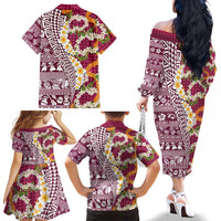 Hawaiian Plumeria Lei Family Matching Off The Shoulder Long Sleeve Dress and Hawaiian Shirt Kakau Motifs and Palaka Half Style Pink Color LT03 - Polynesian Pride