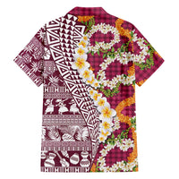 Hawaiian Plumeria Lei Family Matching Off The Shoulder Long Sleeve Dress and Hawaiian Shirt Kakau Motifs and Palaka Half Style Pink Color LT03 - Polynesian Pride