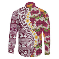 Hawaiian Plumeria Lei Family Matching Off The Shoulder Long Sleeve Dress and Hawaiian Shirt Kakau Motifs and Palaka Half Style Pink Color LT03 - Polynesian Pride